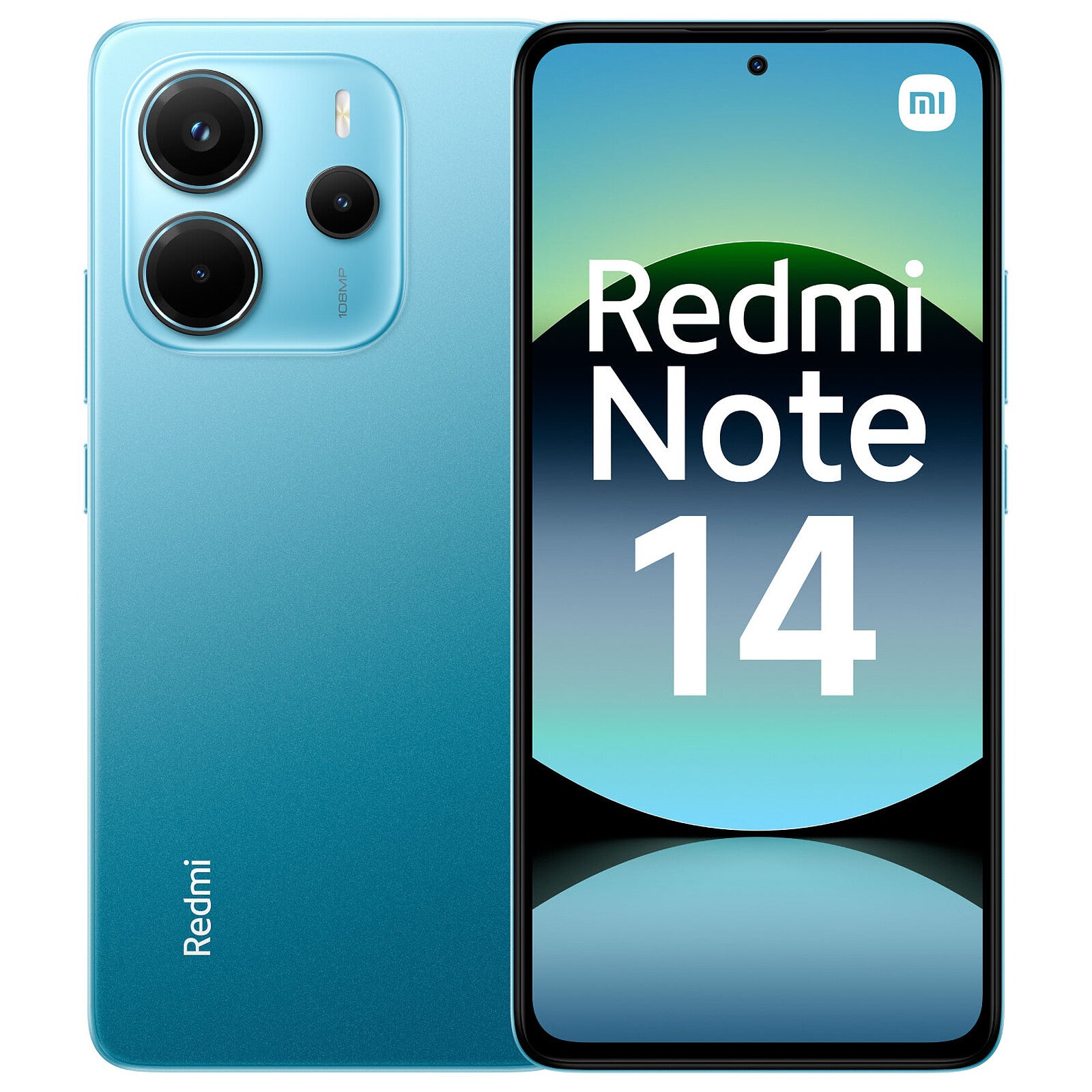 A Redmi Note 14 smartphone in blue color, showing the front with the display on and the back with the triple-camera setup.